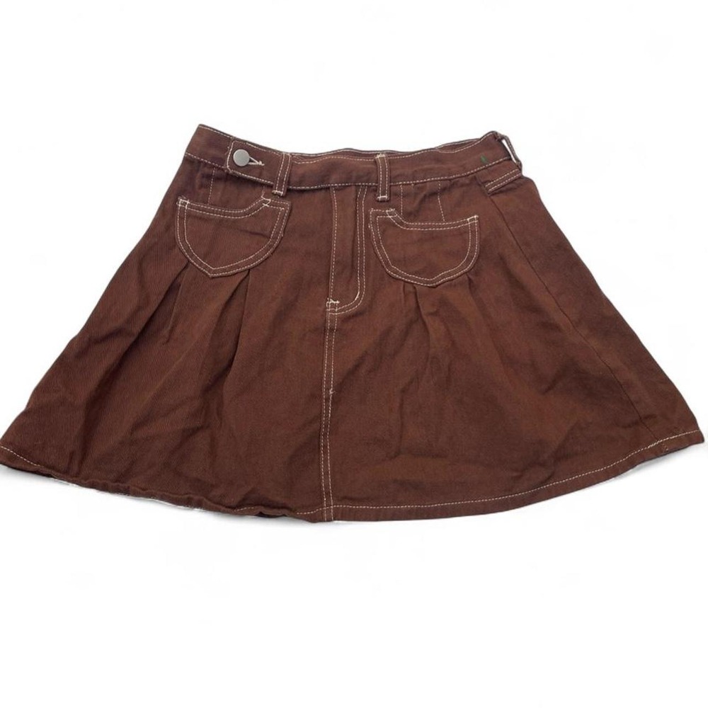 Romwe Brown Contrast Stitch Pleated Mini Skirt A-Line Size S